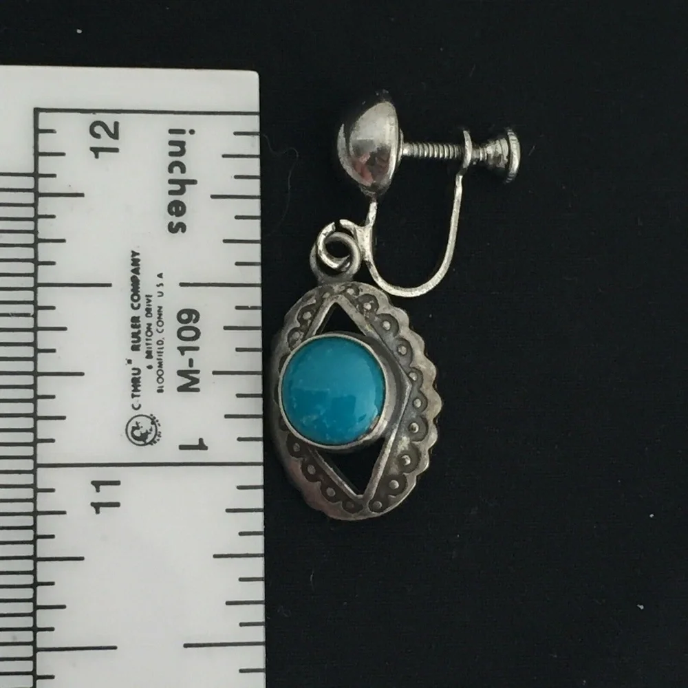 Vintage Sterling Silver Native American Dangle Earrings Screw Back Turquoise